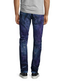 Bleached & Distressed Zipper Jeans, Dark Purple
