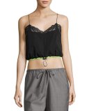 Lace-Trim Cropped Camisole with Drawstring Waist, Nocturnal Black