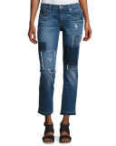 Mila Patchwork Mid-Rise Slim Boyfriend Jeans, Blue