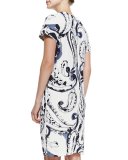 Short-Sleeve Printed Dress w/ Pleated Neck