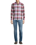 Five-Pocket Faded Stretch Denim Jeans, Blue