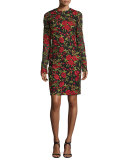 Floral-Embroidered Long-Sleeve Cocktail Dress, Black/Red