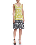 Damask Knit V-Neck Dress, Blanco/Multi