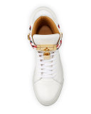 Men's 100mm Leather Mid-Top Sneaker with Woven Strap, White