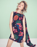 Tropical-Print Draped-Back Dress, Black/Multi