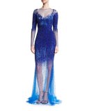 Long-Sleeve Sequined Illusion Gown, Electric