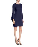 Italian Cady Bell-Sleeve Dress, Navy