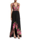 Sleeveless Embroidered High-Low Tulle Gown, Magenta