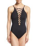 High-Neck Lace-Up Front One-Piece Swimsuit