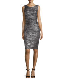 Painted Metallic Sleeveless Sheath Dress, Caviar/Silver Shimmer Multi