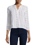 3/4-Sleeve Embroidered Gauze-Knit Top, Sea Salt