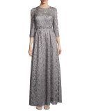 3/4-Sleeve Lace A-line Gown