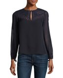 Georgette Lace-Trim Keyhole Top, Navy