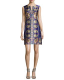 Sleeveless Floral Paisley Silk Cocktail Dress, Plum/Multicolor