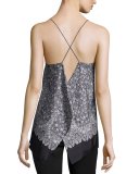 Floral Silk Cross-Back Tank, Black/Multicolor