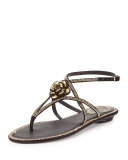 Floral Crystal-Trim Flat Thong Sandal, Black