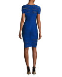 Bateau-Neck Perforated Bandage Dress, Blue