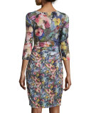 3/4-Sleeve Floral-Print Mesh Sheath Dress 