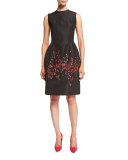 Sleeveless Floral-Embellished Faille Dress, Black/Currant