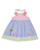 Sleeveless Striped Seersucker Flamingo Dress, Multicolor, Size 2-6