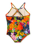 Cross-Back Floral One-Piece Swimsuit, Multicolor, Size 4-7