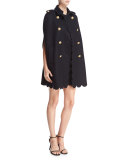 Scalloped A-Line Dress w/ Gold Buttons, Navy