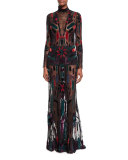 Long-Sleeve Illusion Gown, Black Pattern