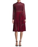 Medallion-Lace Midi Dress w/Plissé Skirt, Burgundy