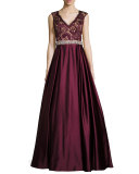 Sleeveless Embellished Lace & Satin Ball Gown, Burgundy