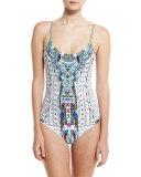 Printed Scoop-Neck One-Piece Swimsuit, Maasai Mosh