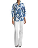 Floral-Print Day Blouse, Blue/Ivory