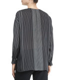 Striped Silk Long-Sleeve Top, Black/Chalk