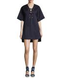 A-line Shirting Lace-Up Dress, Navy 