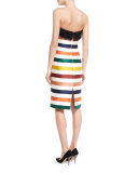Strapless Striped Beaded Cocktail Dress, Multicolor