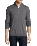 Merino Wool 1/2-Zip Sweater w/Check Shoulders, Mid-Gray Melange
