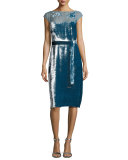 Devore Cap-Sleeve Belted Velvet Dress, Blue