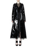 Belted Patent-Leather Trench Coat W/Ruffle Trim, Black