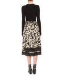 Long-Sleeve Printed-Skirt Combo Dress, Black/White/Yellow Print