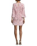 3/4-Sleeve Beaded Floral Cocktail Dress, Blush