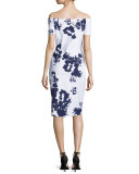 Off-the-Shoulder Blossom Cocktail Dress, Navy/White