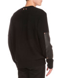 Leather-Patch Studded Crewneck Sweater, Black