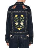 Floral-Embroidered Studded Denim Jacket, Blue Notte