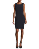 Sleeveless Double-Knit Square-Neck Sheath Dress, Navy
