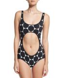 Circle-Print Cutout One-Piece Swimsuit