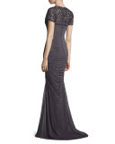Ruched Tulle & Beaded Lace Gown, Gunmetal