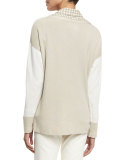 Bicolor Sweater w/ Side Slits, Cloud/Khaki