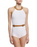 Belt-Trim High-Neck One-Piece Swimsuit