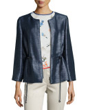 Drawstring Bracelet-Sleeve Zip Jacket, Blue/Multi