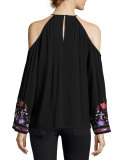 Adelise Embroidered Cold-Shoulder Blouse, Black