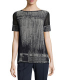 Short Mesh-Sleeve Brushed Jacquard Sweater, Ink Multi